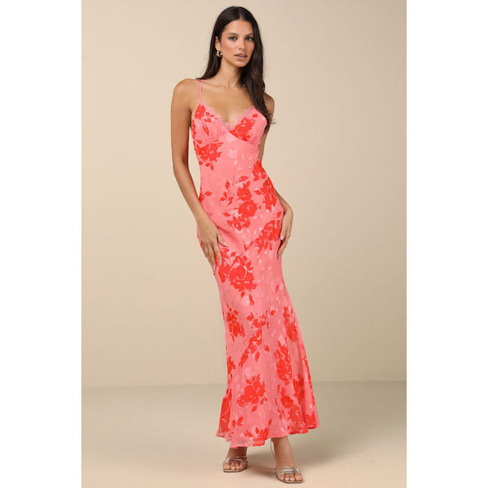 Lulu’s Ilaria Pink Floral Burnout Maxi Dress - Size L